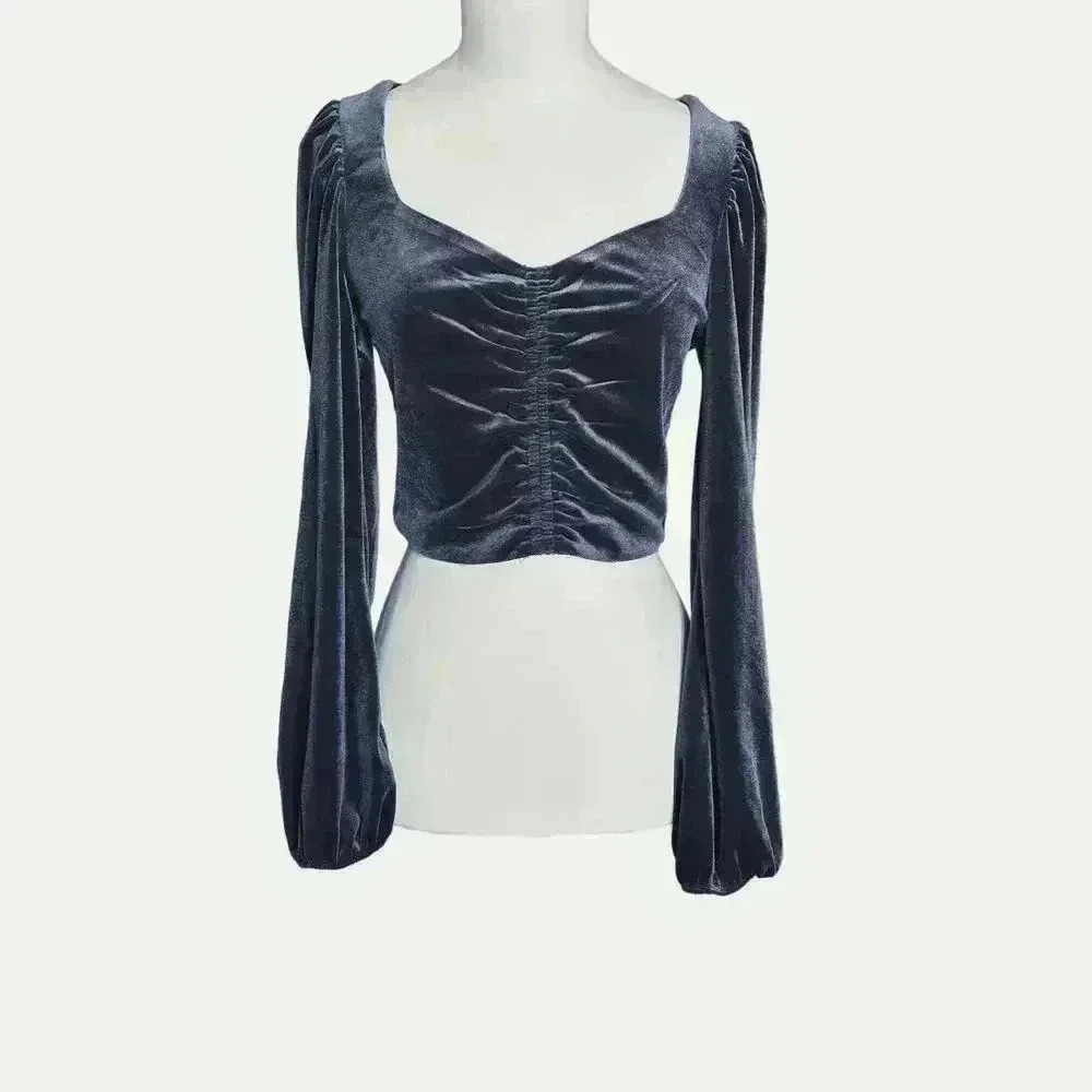Meraki Womens Cropped Velvety Velour Top Size Small Gray Blue
